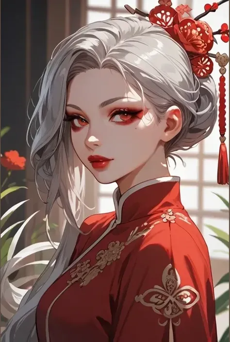 one girl,  high resolution, Silver hair, Long hair, Bundled hair on one side ,  red eyes,  eyes with raised corners, Light bolt touch,  tempting smile , long eyelashes, Lyrical, hair accessory that looks grim,  character design , 