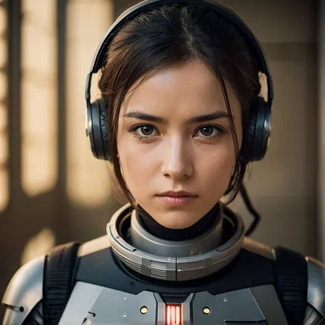 Alone,  solo focus , Masterpiece close-up portrait of a woman in tactical gear in a building on Tatooine, light, caustics,  mechanical parts, wiring, Droid, Metal jaw