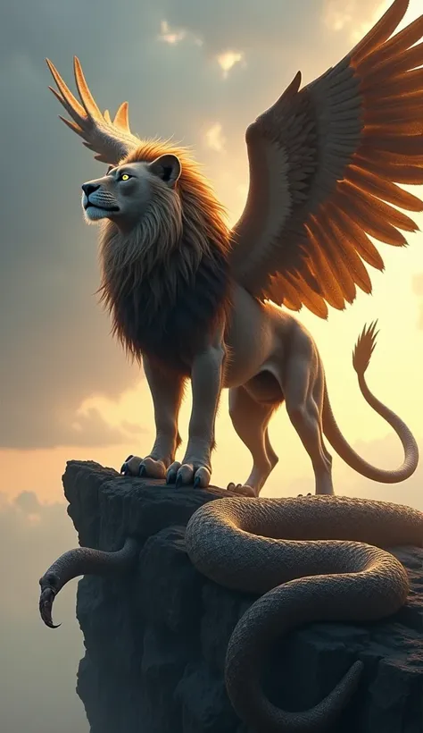  Hybrid Prompt (Lion, Eagle, Wolf, and Python):
"A mythical hybrid creature combining features of a lion, eagle, wolf, and python. It has the muscular body and mane of a lion, massive wings and talons of an eagle, glowing wolf-like eyes with sharp ears, an...