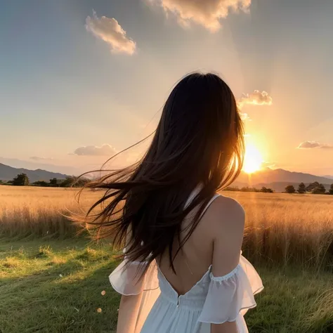 Hair floating in the air,  back view,  look at the sun, 空にuniverse船がある, Three Suns,  dark-haired girl ,  girl, Standing in the grassland, landscape, universe, 8k,  super detailed