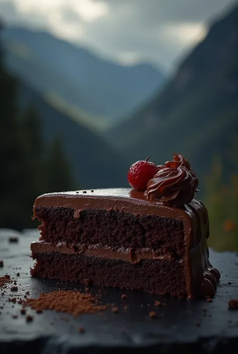 cinematic film still chocolate, chocolate cake, dark background, quality photo, moist texture, frosting, studio photo, slice . shallow depth of field, vignette, highly detailed, high budget, bokeh, cinemascope, moody, epic, gorgeous, film grain, grainy, ba...