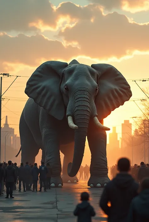 Create a  vehicle with merge of elephant and truck , wide shot, background city view, sunrise view and beautiful clouds, on road, crowd see this creature 