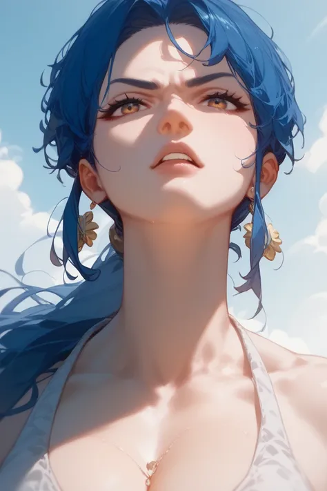  1 girl, solo, Long Hair,  ponytail、student、 blue hair、Tall、 Grown Ups、 sharp eyesight 、Intimidating、Beautiful、Handsome Girls、alone、 wind is blowing、 anime style、High image quality