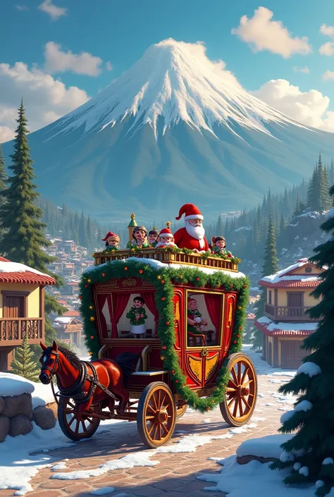 Create a design for a carriage that reflects something Christmas but always the volcano of Acatenango and its town
