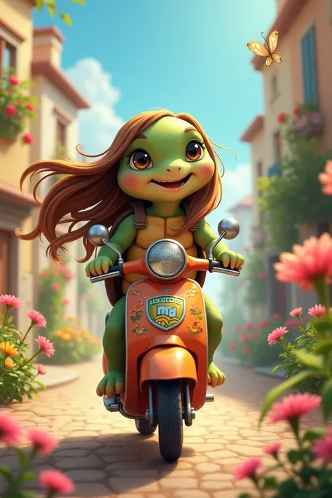 Happy little turtle girl with long brown hair  , riding a scooter with Logroño shield in flowery streets