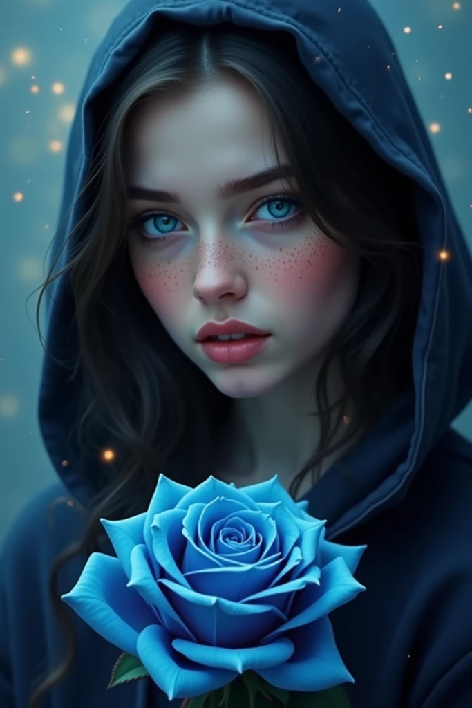 Certainly !

 The image shows an extraordinarily realistic and artistic portrait of A young woman .  Her features are delicate but intense , WITH:
	 • Piercing blue eyes :  extremely bright ,  seem to be the main focal point of the image .  They have an al...