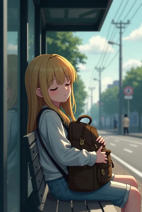 a sleeping teenage blonde sitting at a bus stop hugging a backpack