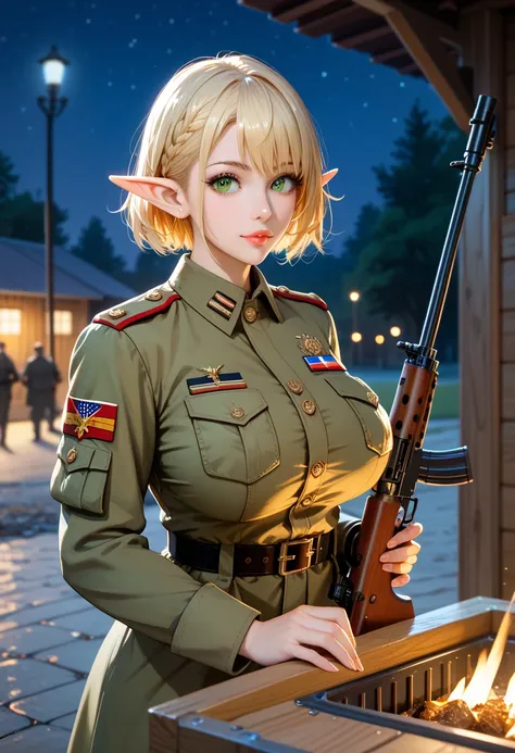 sfw, masterpiece, Best Quality, High resolution, detail hands, detail fingers, detail face, detail leg, perfect lighting, Glossy skin, (1girl, solo, detail girl, 20years old girl), cute girl, (German soldier, Stahlhelm, soldier uniform), (elf), (blond hair...