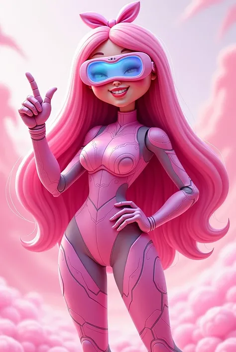 Cartoon doll with full pink body armor ,  long hair up to the waist in pink with a  in her hair and virtual glasses with a little eye giving a thumbs up