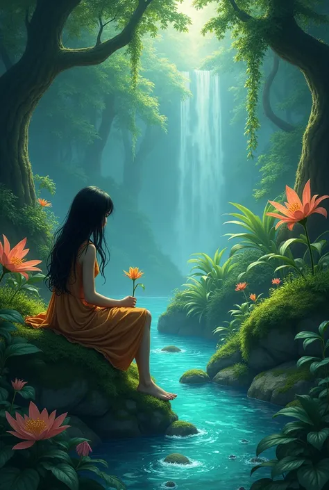 A lush, fantasy jungle with vibrant, oversized foliage and exotic plants glowing softly with bioluminescence. A lonely girl sits on a moss-covered rock near a crystal-clear stream, her posture wistful and longing. She has black hair cascading down her back...