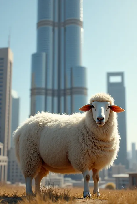 a sheep, standing next to Burj Khalifa