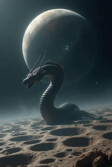 Giant space snake coming out of the various craters of a small planet in space 