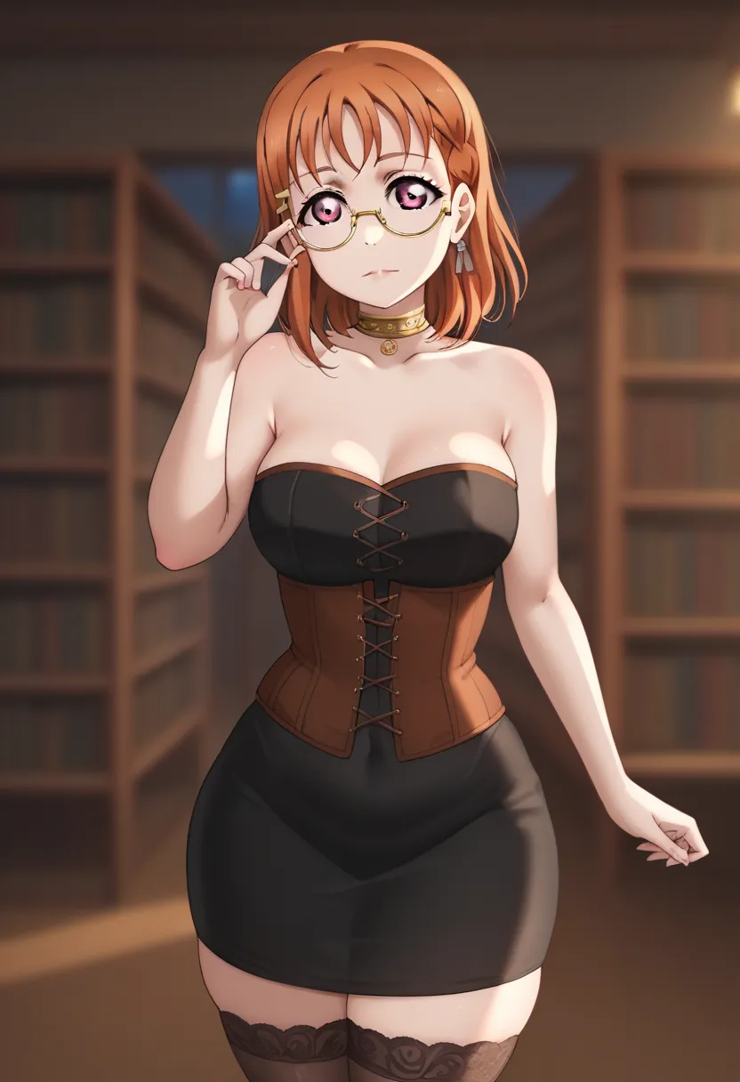 dynamic lighting , love live art style, takami chika , orange hair, medium hair, pink eyes, side braid, circle glasses, corset, ...