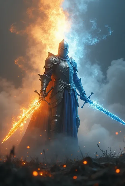 "A hyper-realistic and hyper-detailed depiction of a knight wearing an armor divided into pure light and intense shadows. The knights sword is double-edged, with one side engulfed in flames and the other radiating icy frost. The knight stands in the center...