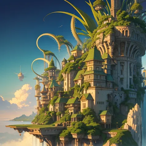 Many islands々It stays in the air and 、 many small airships are flying around, City,  fantasy,  magical plants grow ,  Extremely detailed,  real light , Epic Compositions , ( intricate detail dealing with 3 tentacles), ( Intricate Designs ,   ultra detail  ...