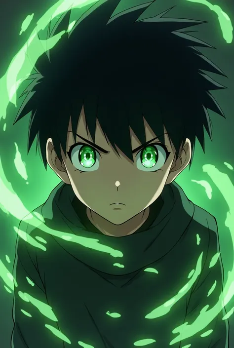 Serious  boy showing his powers 
with green eyes and the other black with black hair and a speck of flamboyant green liquid 
In au Pelo anime manga 