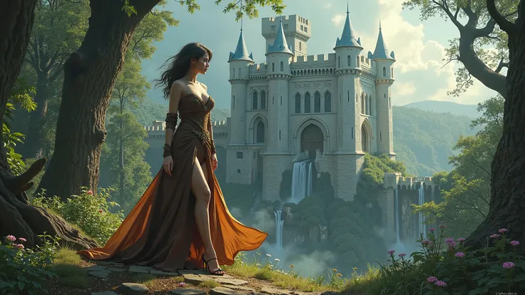 Fantasy medieval fortress. woman magician, cleavage, legs, the forest