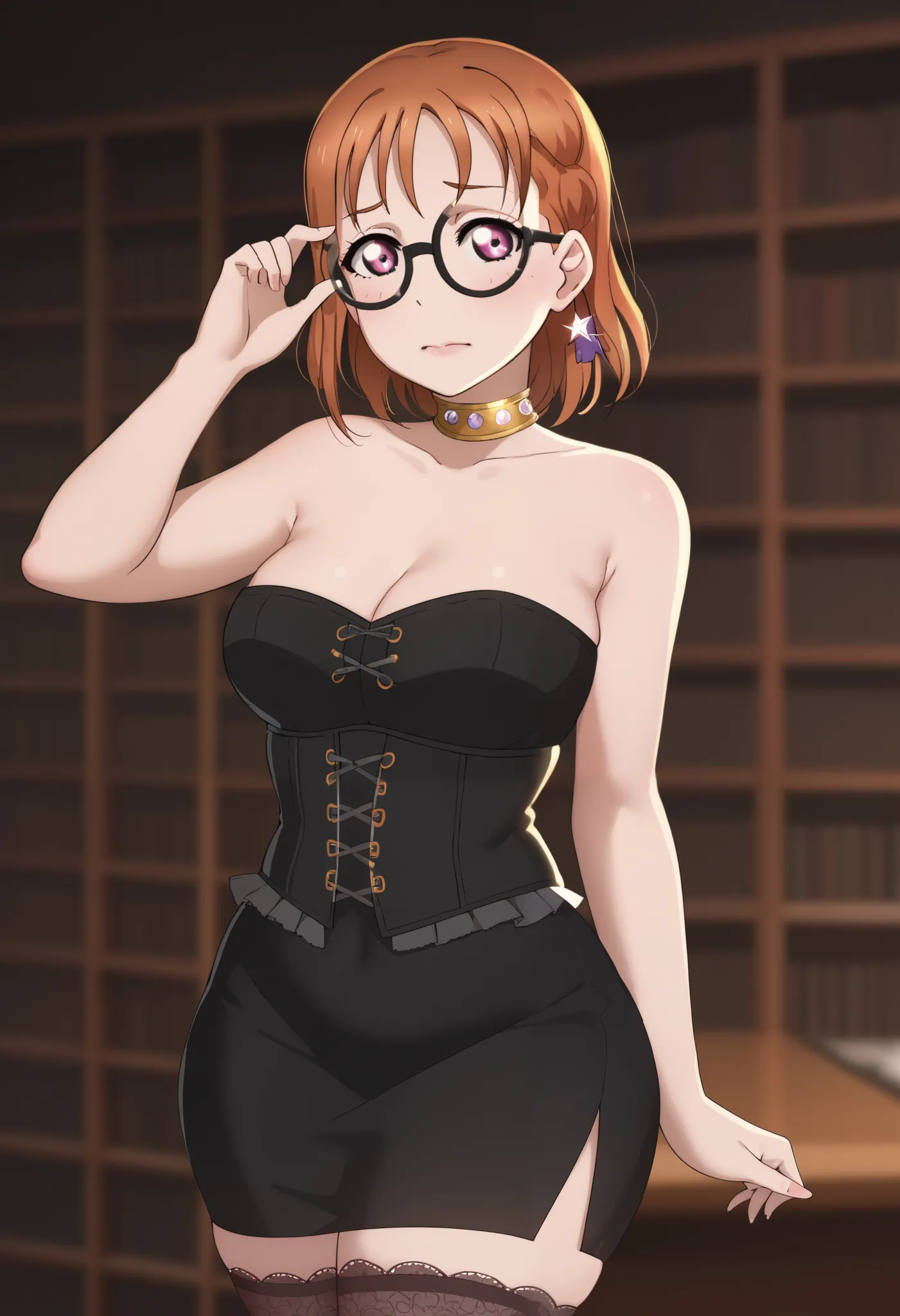 dynamic lighting , love live art style, takami chika , orange hair, medium hair, pink eyes, side braid, circle glasses, corset, ...