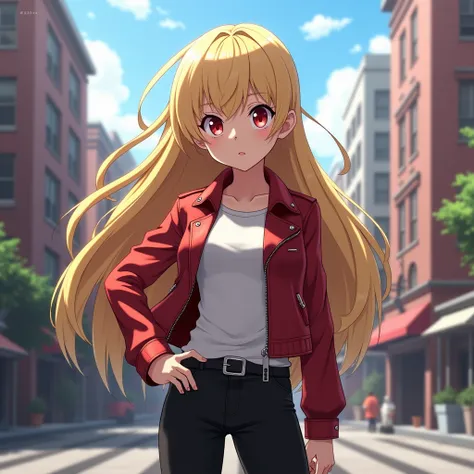 → My Hero Academia oc Girl with long straight blond hair, red eyes, Black pants, White long-sleeved shirt and Red Leather jacket