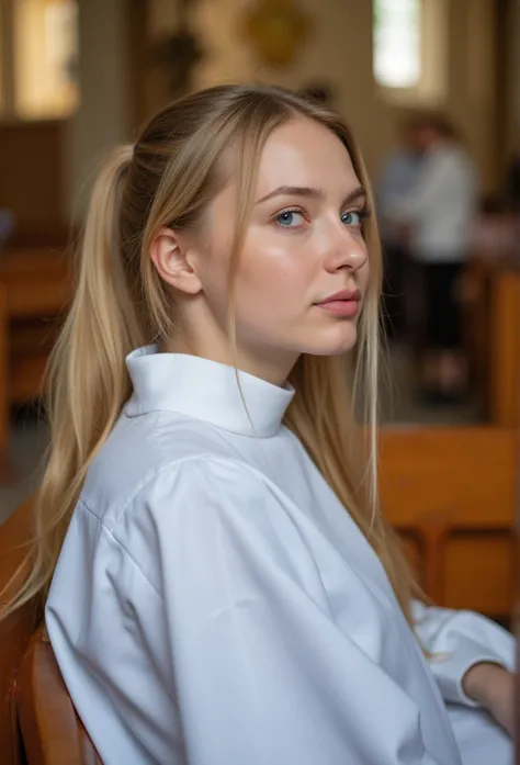 young blonde ministrantin, beautiful eyes. long blonde hair with ponytail. White kirchenrobe, transparent lip gloss, narrow building, Pretty, 2, Full body photo, Sitting in a church and looking around, looks stunning. is enthusiastic