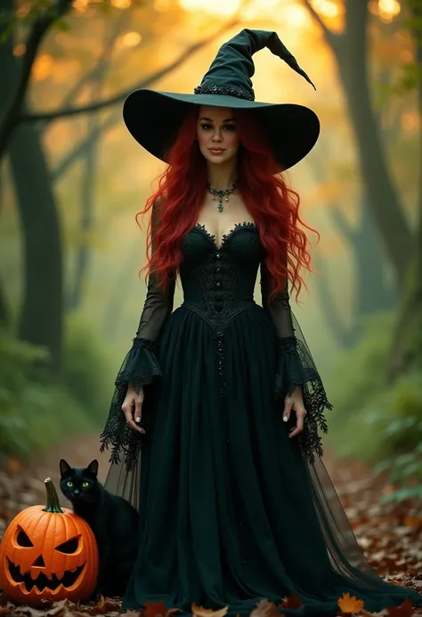 Witch with pumpkin in the forest, bruxa feminina bonita, classical witch, Witchy, beautiful witch female, Conto de fadas de bruxa, Em um estilo de Halloween, Amouranth, beautiful witch spooky female, bruxa cowboy bonita, felicia day, Roupa de bruxa, wearin...