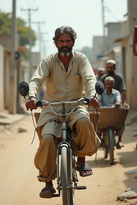 A rural man with a Pakistani bicycle who grabbed a speaker mic and attached a basket to the back of his bicycle and a lot of older people were sitting in that basket