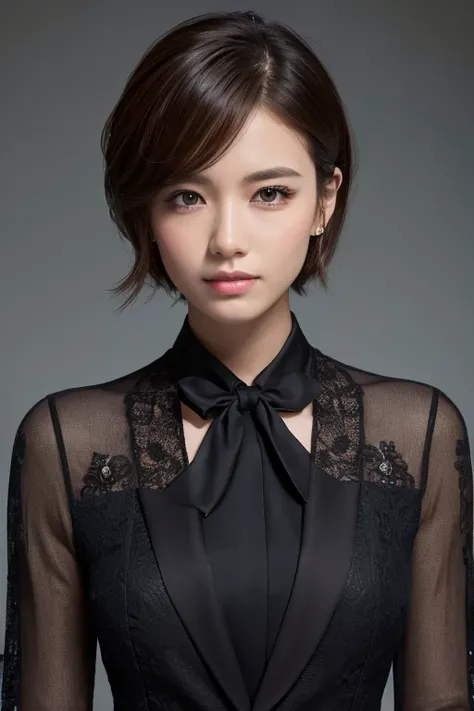 a beautiful, masterpiece, highest quality, extremely detailed face, tomboyish, lively woman, stylish, strong-willed, short hair, formal attire, wearing clothes, black suit, (best quality,4k,8k,highres,masterpiece:1.2),ultra-detailed,(realistic,photorealist...