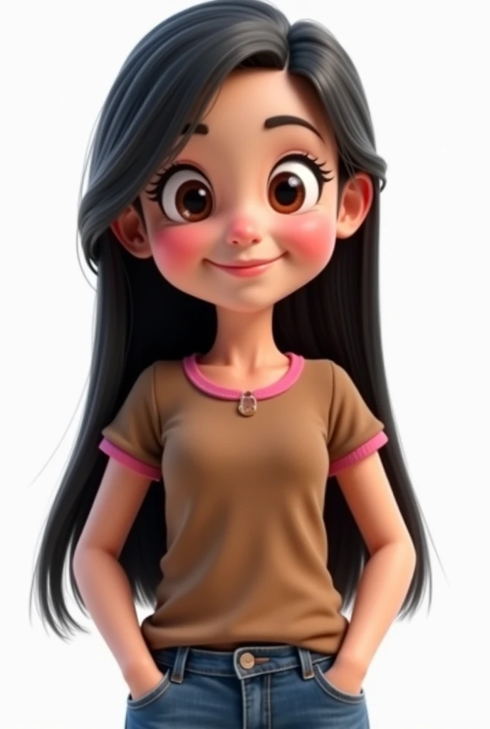 cartoon girl, smiling, little hole in the chin,  full body , with long black hair and small brown eyes, cartoon art style,  portrait of a full-bodied character , Photorealistic art style, 3D stylized,  realistic art style , Stylized 3D rendering,  Characte...