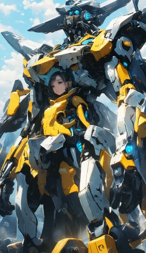 A gundan-style robot .  With neon blue details .  A cockpit with a young Korean woman inside .  dressed in a yellow leather jumpsuit and technological.
 full body . 
32k anime style, HDR, UHD, intricate detail, extremely intricate detail, hyperrealistic, e...