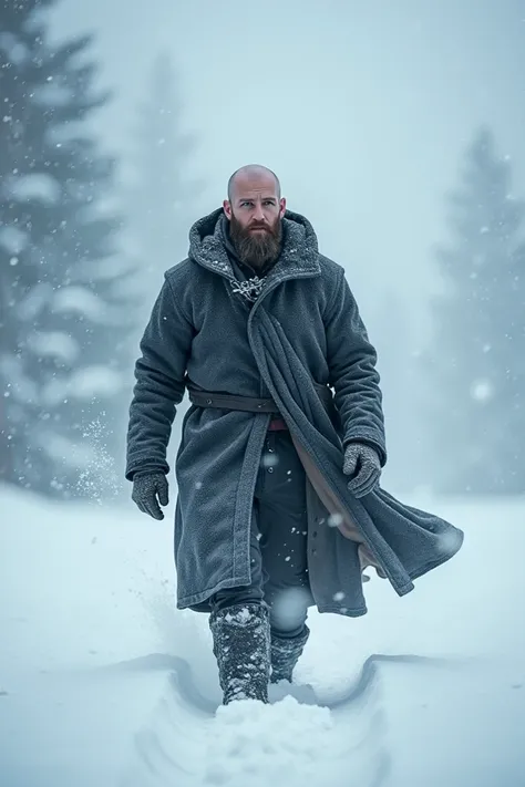 A bald man with ice-blue eyes and a dark brown chin beard wanders through a snowstorm smiling 