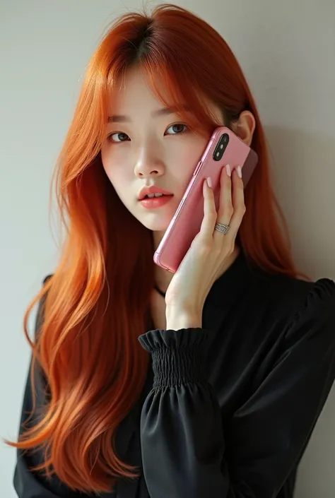 Korean redhead with long hair and bangs, dressed in a black blouse and holding a pink cell phone in her hand 