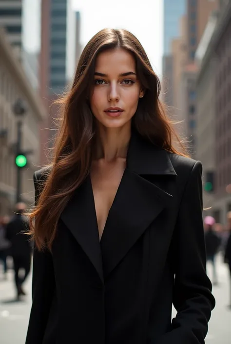 Frontal view of a stunning and elegant female model with long brown hair, standing on a street of New York wearing a long black coat.