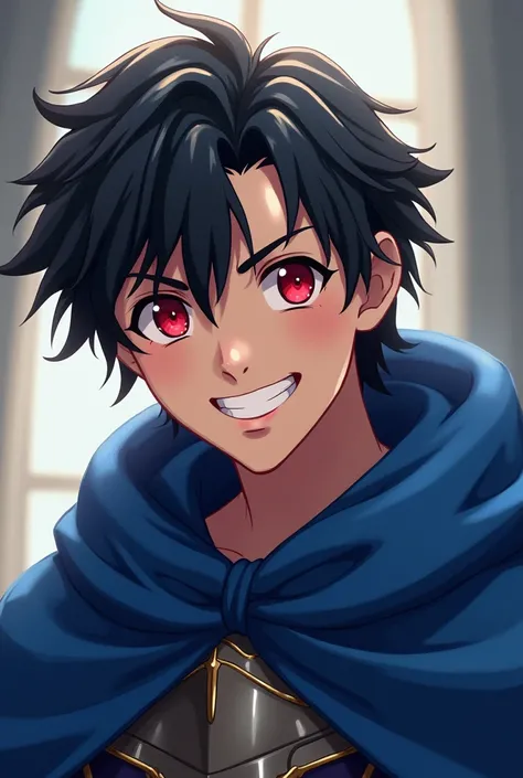 make an anime style image, a 17-year-old boy wearing a blue cloak of medieval armor , wavy black hair almost to the shoulder , red eye color with a smile showing his teeth confidently 