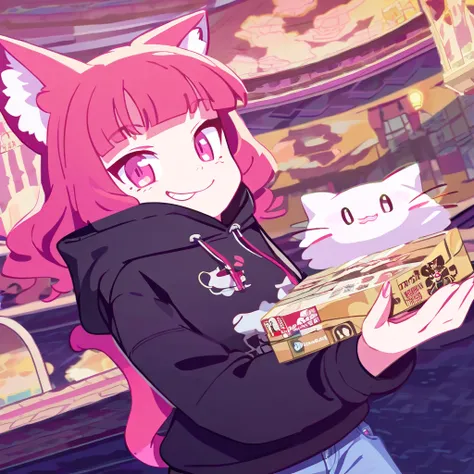 red hair, pink eyes, wearing a black hoodie, cat ears and a fluffy cat tail, holding a box and giving it to the viewer, mythical background, wearing jeans, grinning