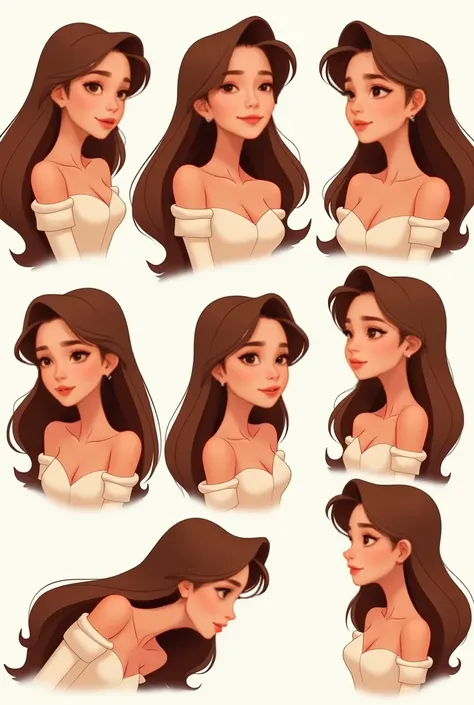 Je veux une planche avec mon même personnage animé Disney qui représente une belle fille brune aux cheveux long qui a différentes expressions : joie, tristesse , ennui, supplie, maladroite, qui réfléchi 