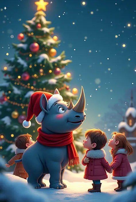 Sourire, . Petit rhino mignon habille en noel regarde dans le ciel avec enfants devant un sapin de noel illumine style disney