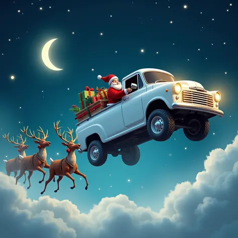  white van flying on a starry Christmas night , with Christmas presents in his pickup ,  Santa Claus driving the van and reindeer following the van, The van must be more realistic and of a newer year