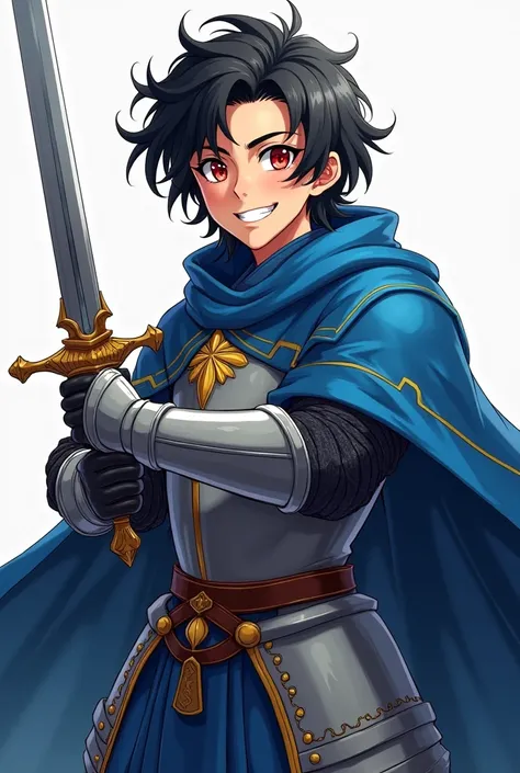 make an anime style image, a 17-year-old boy wearing a blue cloak of medieval armor , wavy black hair almost to the shoulder ,Red eye color with a smile showing your teeth confidently do showing your entire body with a sword in your hand 