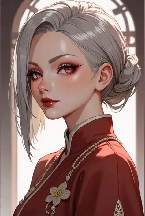   simple background,  Illustration ,  anime , 일본  Illustration  스타일,  soft lighting ,  dark makeup ,  a gentle smile , fascinating, Lyrical, Red eyes, Silver hair, White hair, Bundled hair, One-sided hair ,  high resolution,  looking at viewers, 