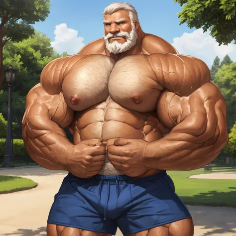 solo, 1boy, Muscular old man in park (( very large pecs, extra large pecs, very huge pecs, strong physique, very muscular, grabbing the nipples):1.4), (huge muscular), big nipples,(wide shoulder, wide pec, massive pec muscle thick arms), jockstrap, white h...