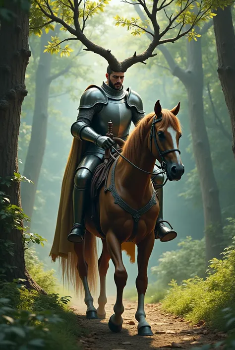 Knight on his horse who eats a branch in the head