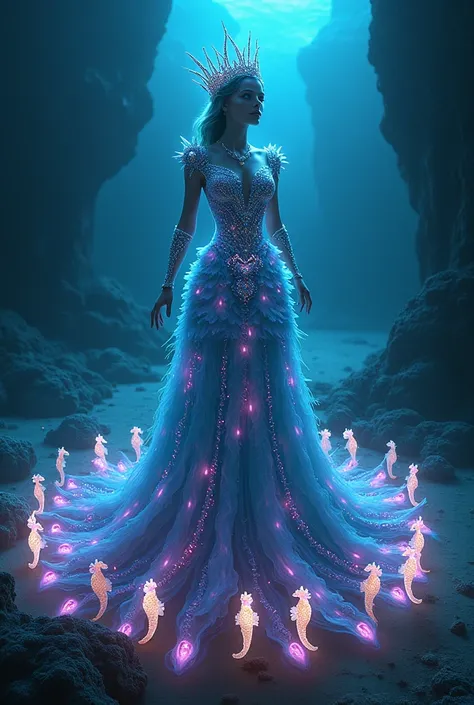 "A hyper-realistic and hyper-detailed depiction of an underwater queen in the deep ocean. Her gown is made of glowing bioluminescent algae and coral, radiating soft neon blues, greens, and purples. She is surrounded by an army of luminous sea creatures, su...