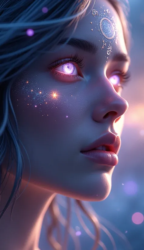 Prompt 6: Enchanting Woman with Cosmic Eyes

Design a hyper-detailed close-up of a woman’s face, her beauty both otherworldly and powerful. Her skin glows faintly with an iridescent sheen, and her sharp cheekbones are accentuated by the soft light of the s...