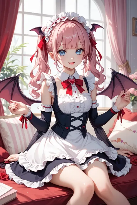 “A cute anime-style girl with short, wavy pink hair and bright blue eyes, sitting in a cozy room setting. She has small, bat-like succubus wings in dark purple extending from her back. Her outfit is a black, sleeveless dress with red accents and long black...