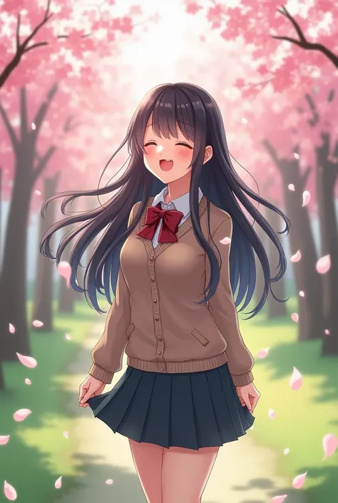 pretty girl, Cherry blossoms, park, 떨어지는 Cherry blossoms,  school uniform, laugh, soft wind, Long hair