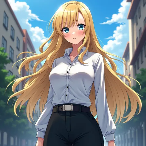 My Hero academia oc girl with long blond hair open, blue eyes, white long sleeve shirt and black pants