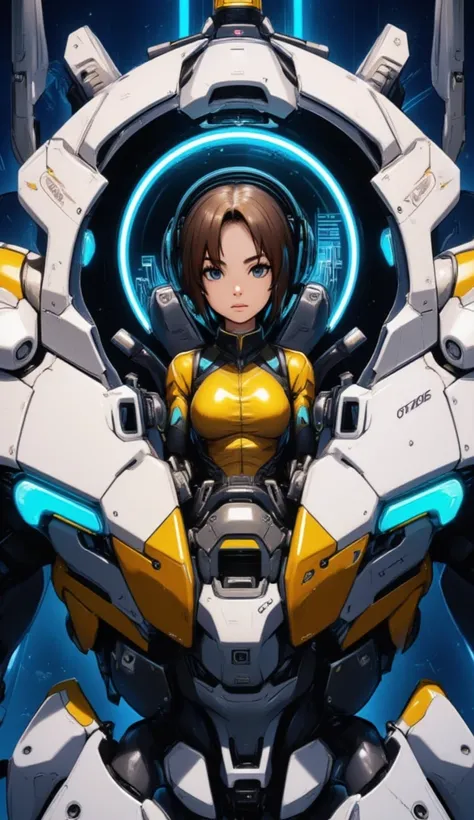 A gundan-style robot .  With neon blue details .  A cockpit with a young Korean woman inside .  dressed in a yellow leather jumpsuit and technological.
 full body . 
32k anime style, HDR, UHD, intricate detail, extremely intricate detail, hyperrealistic, e...