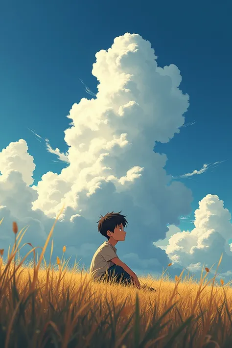 a boy sitting in an autumn meadow, seeing a vast blue sky with dark blue clouds, tall grasses, cloudy sky, makoto shinkai cyril rolando, anime art wallpaper 4k, anime art wallpaper 4k, animated background, anime art wallpaper 8K, animated background art, A...