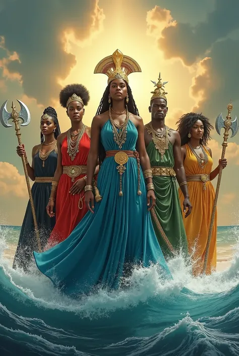 A high quality photorealistic cover,  ( masterpiece: 1.4,  photo), (Foto realista: 1.4) captured as if taken with a Sigma 85mm f/2.8 lens/1.4, showing the Orishas in a mystical landscape. Yemaya, the orisha (femenino) of the oceans, emerges majestically fr...