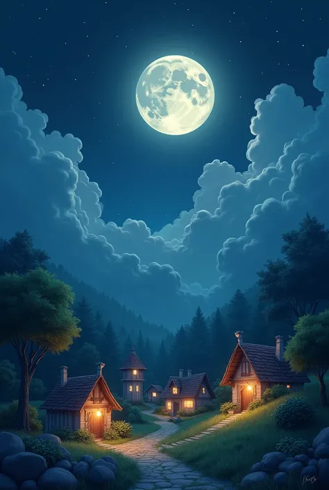 Animated image of a village in dark night with some clouds and a moon 